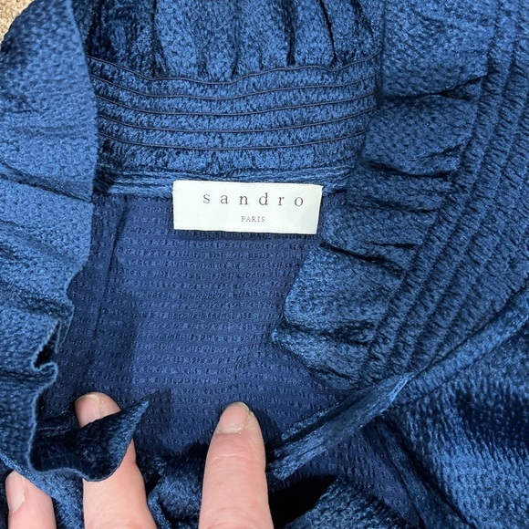 Sandro Paris V-Neck Blue Textured Mini Shift Dress Neck Tie Long Sleeve Sz 36 - Picture 9 of 16